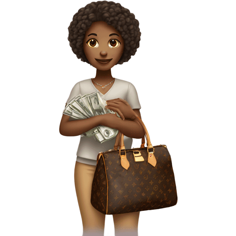 African american girl holding a Louis Vuitton bag with money emoji