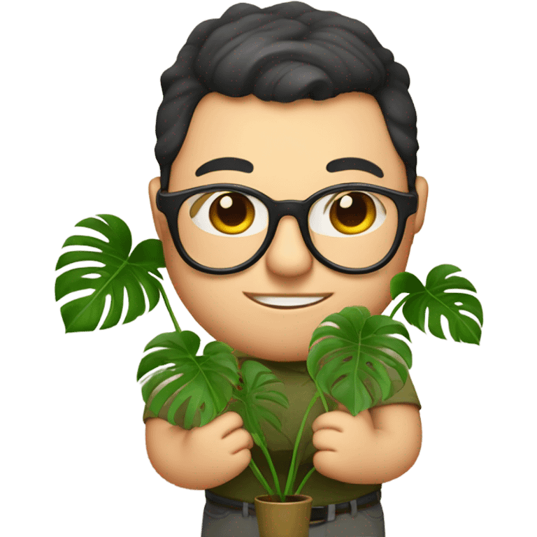 Chubby guy is glasses holding a monstera  emoji