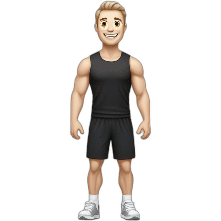 Joyful Celebrating victory Pale skinned Fit Man With the biceps and dark brown hair in black shirt, gray sports shorts and white Sneakers emoji