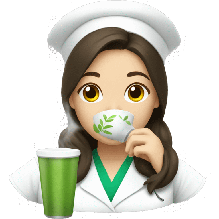 Brunette nurse drinking matcha emoji