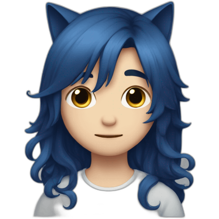 blushing shy, dark blue long hair, cat boy emoji