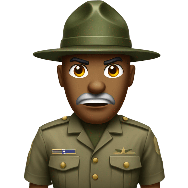 drill sergeant character wearing a classic sergeant hat and a camouflage army shirt. The character should have an angry intense expression. full torso emoji