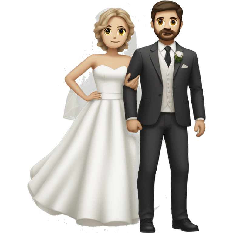 Dark haired man with dark facial hair in a suit holding a woman with light brown hair in a white wedding dress emoji