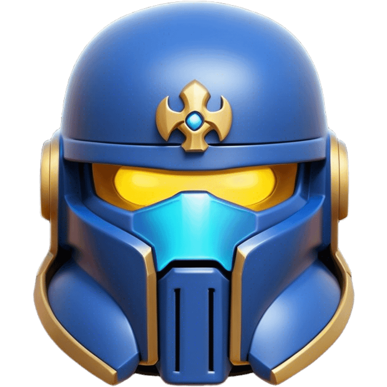 Clash of Clans aesthetic: Cinematic Playful Space Marine Helmet Emoji, rendered in a 3D vector-style similar to standard emojis with minimal shading and bold, simplified shapes. A compact, heroic isometric helmet with futuristic, armored detailing and a glowing visor, softly glowing with a battle-ready cosmic charm. Simplified yet unmistakably iconic, highly detailed and consistent, glowing with a soft radiant shine and high gloss. Stylized with a touch of interstellar valor and a soft glowing outline, capturing the essence of an elite warrior’s helm with a friendly, playful spirit! emoji