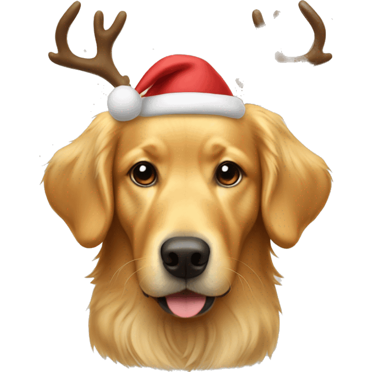 Golden retriever wearing reindeer ears emoji