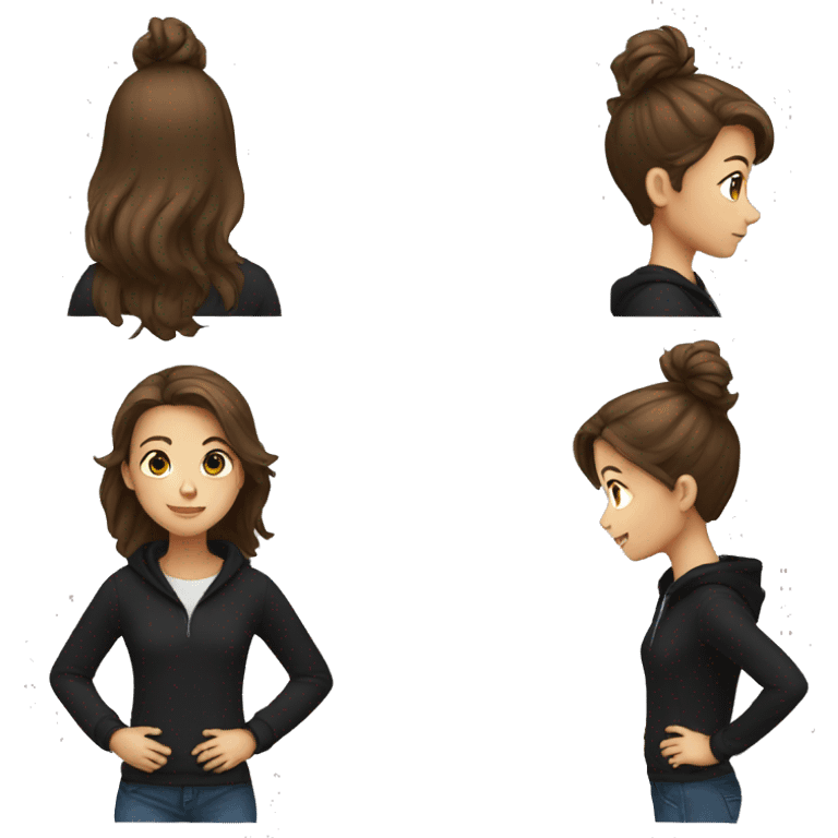 young girl, brown hair, black hoodie emoji