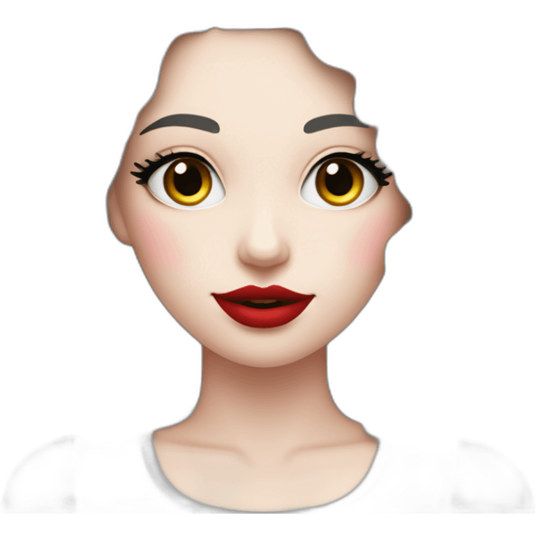 A white woman with long curly dark n and long eyelashes, black eyes, pink cheeks and red lips holds on a black & white border collir emoji