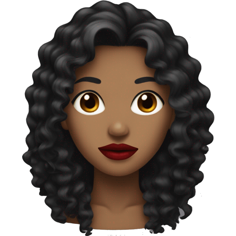 Head, woman dark tan skin with long black curly hair, red lipstick  emoji