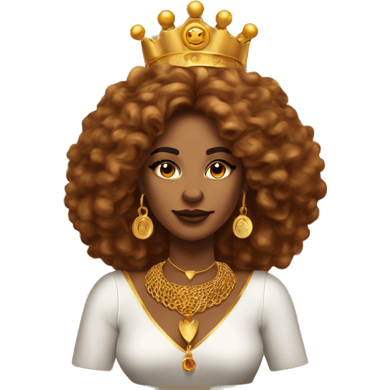 Create an emoji of a confident woman with voluminous lion-like hair, bold makeup, and gold jewelry, embodying the Leo zodiac sign with a regal expression and fiery energy. And a headgear of Leo sign emoji