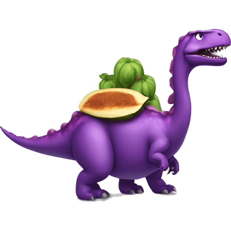 Dinosaur riding an eggplant with a bow emoji