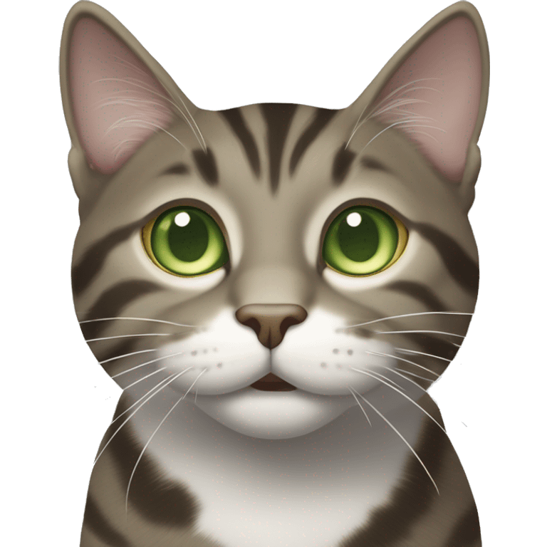 Brown-grey mackerel tabby cat with partially white face and green eyes he looks happy and does not have a round face or yellow eyes emoji