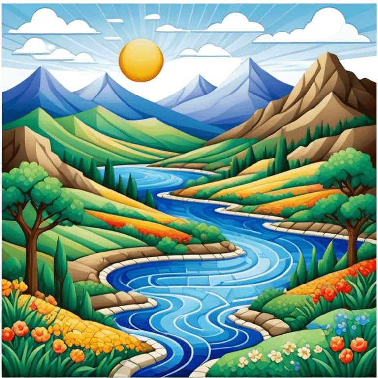 Mosaic art icon, colorful tiles forming a detailed picture, like a landscape, intricate patterns, some tiles in process of placement, minimalistic style, clean lines, transparent background. emoji