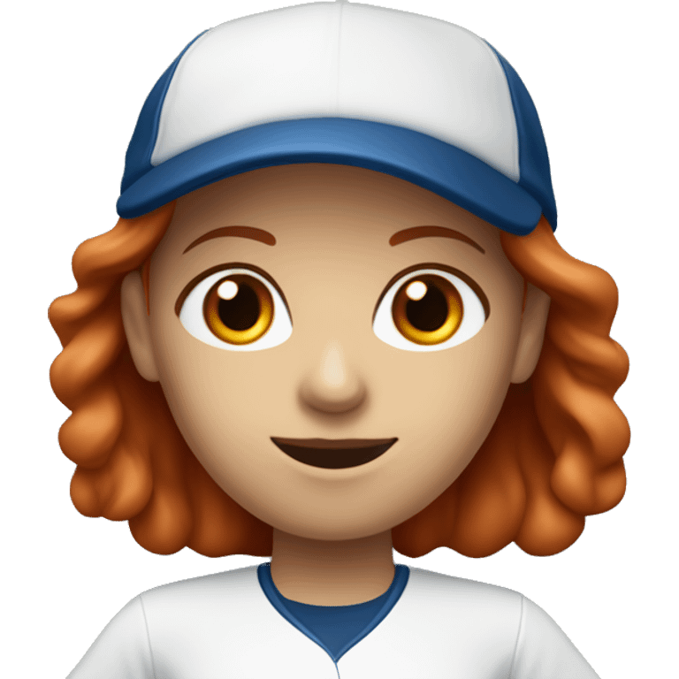 a standing white female coach with long red hair, wearing a white t-shirt and a simple blue baseball hat, in a friendly and confident pose emoji