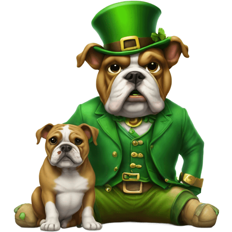 Leprechaun with one foot on a bulldog emoji