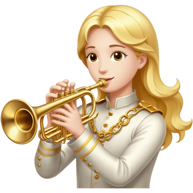 Cinematic Realistic Trumpet, polished brass with warm golden reflections, intricate valve details subtly highlighted, soft hands pressing the keys, glowing with bold and triumphant musical energy. emoji