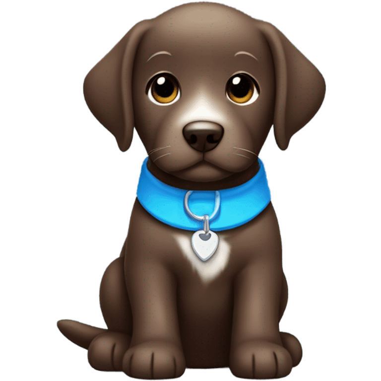 Chocolate labrador puppy with small white fur on chest and cute blue collar emoji