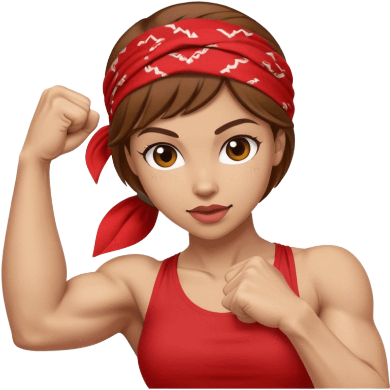 Light skin and brown hair with red bandana Rosie the Riveter shows biceps emoji