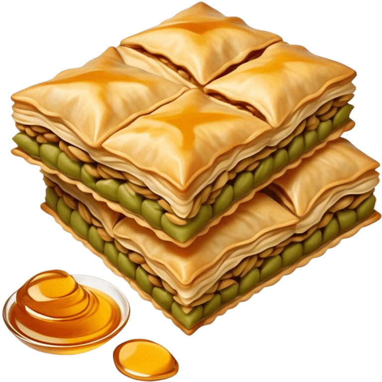 Cinematic Realistic Baklava Dessert Emoji, depicted as layers of flaky pastry with honey and nuts rendered with rich textures and warm, inviting lighting. emoji