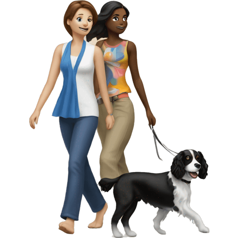 2 ladies walking a black and white spaniel on a beach emoji