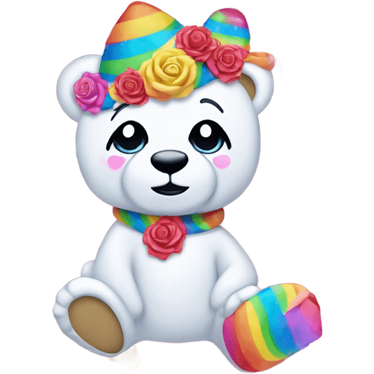 Lisa frank white glitter bear with rainbow roses emoji