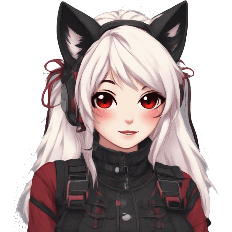 Gorgeous gothic dark techwear anime style anthro cat furry sona with blushing face aesthetic and pretty edgy black red punk messy ponytail hair with collar and harness trending style emoji