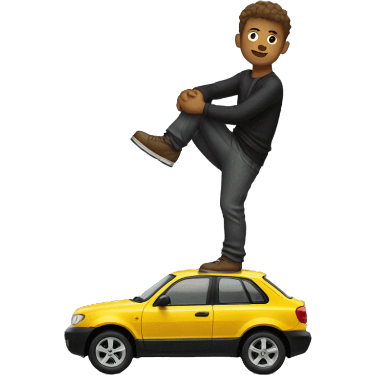 A man who has climbed onto and is sitting on a black coupe emoji