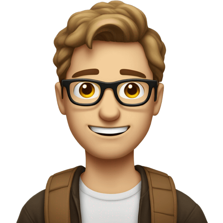 A nerdy white guy with brown hair and glasses making a grimacing awkward face  emoji