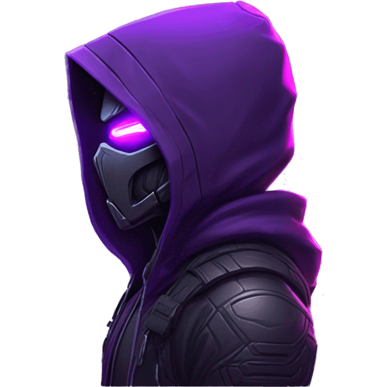 Side view developer behind his laptop with this style : crysis Cyberpunk Valorant neon glowing bright purple character purple violet black hooded assassin themed character emoji