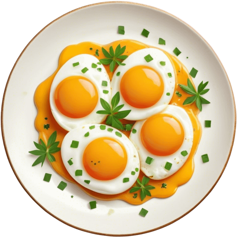 Cinematic sunny-side-up eggs, perfectly cooked with glossy yolks, crispy golden edges, sprinkled with fresh herbs, served on a rustic plate, bright and inviting, highly detailed and appetizing. emoji