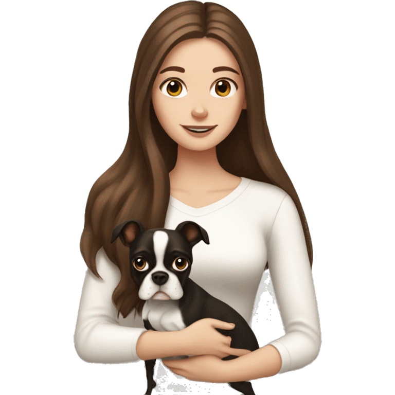 white girl with long brown hair holding a boston terrier  emoji