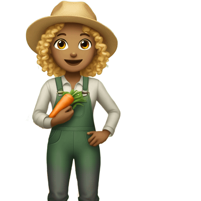 full body farmer girl with curls and curls, holding carrots, light skin, light hair emoji