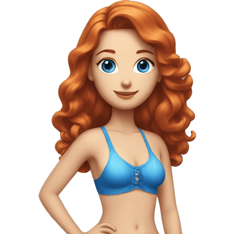 Blue eyed, auburn haired Woman in swimwear with a tail emoji