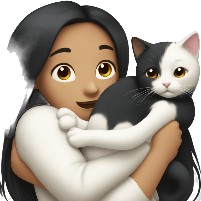 girl with very long black hair and  hugging a white cat emoji