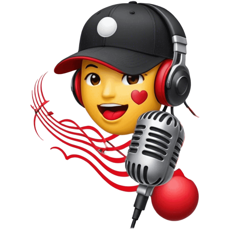 Create a dynamic and energetic emoji that represents beatboxing. The design should feature a stylized microphone with lips and sound waves emanating from it and baseball cap on it, symbolizing vocal percussion and rhythm. Add elements like headphones or a subtle speaker to emphasize the music production aspect. Use bold colors like black, white, and red to convey the intensity and creativity of beatboxing. The background should be transparent. emoji