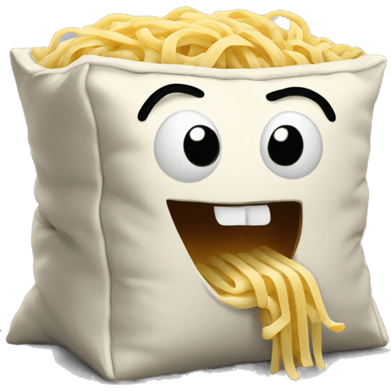 A pillow with a crazy face eats noodles from a box emoji