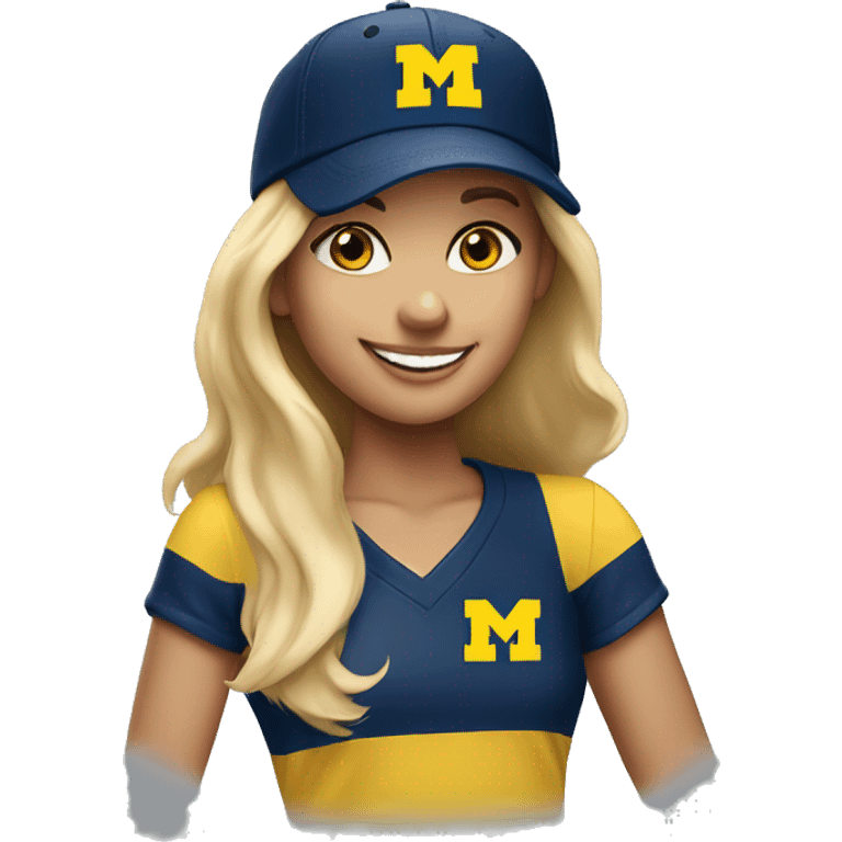 Blonde girl with blue eyes smiling wearing University of Michigan ball cap emoji