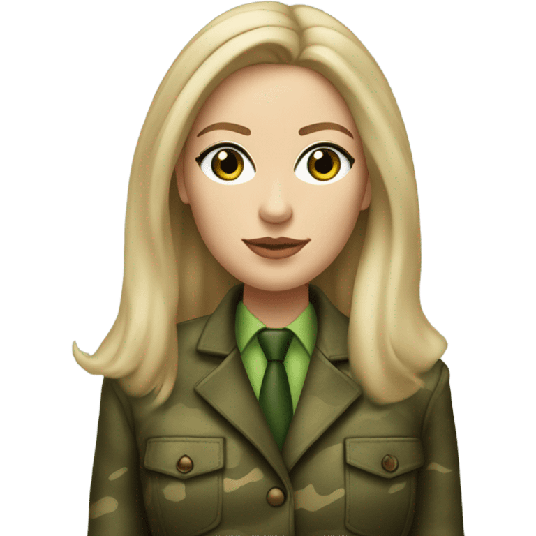 Realistic White woman with Long straight blonde hair and green eyes, camouflage Wool oversize blazer, mini skirt and Brown heeled leather boots  emoji