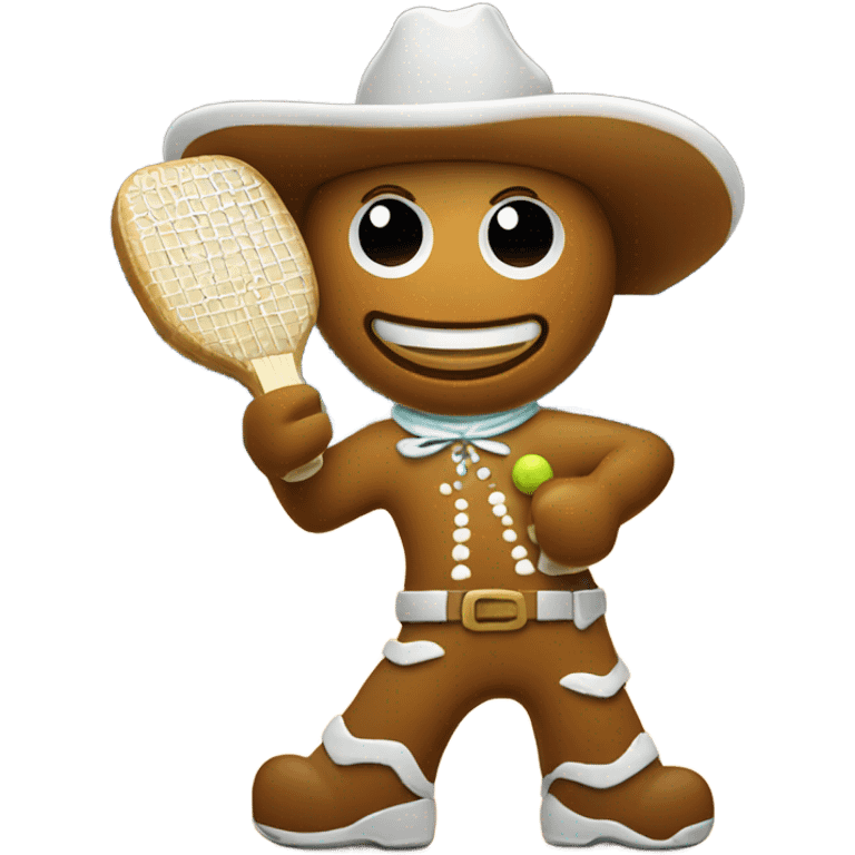 gingerbread man in a cowboy hat playing pickleball emoji