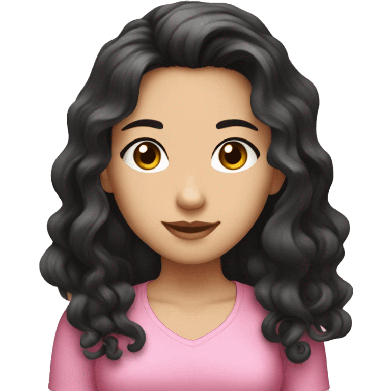 Beautiful girl,Black hair,wavy hair，long hair,Black eyes,Chinese, typing on computer, pink top emoji