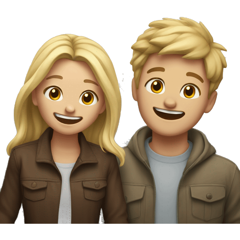 blonde girl and brown hair boy laughing infront of mountain  emoji