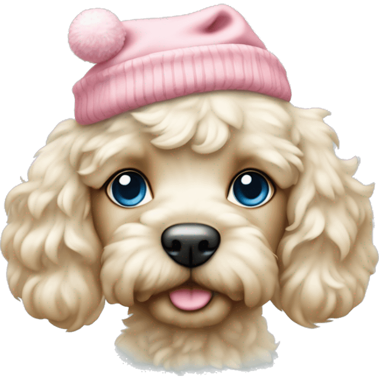 Cream cockapoo puppy whole body with pastel blue eyes, and with pink Christmas hat emoji