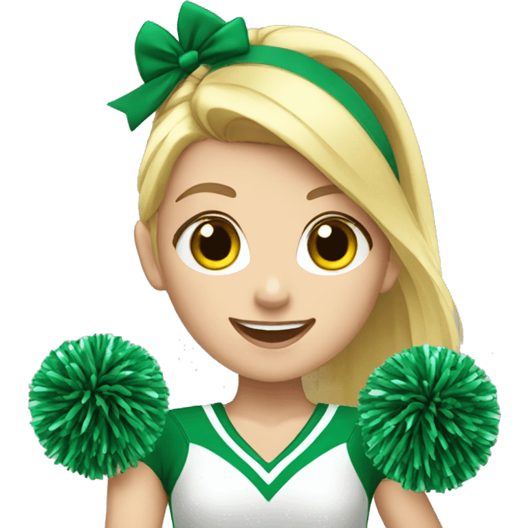 White girl Cheerleader cheering with green and yellow uniform and poms emoji