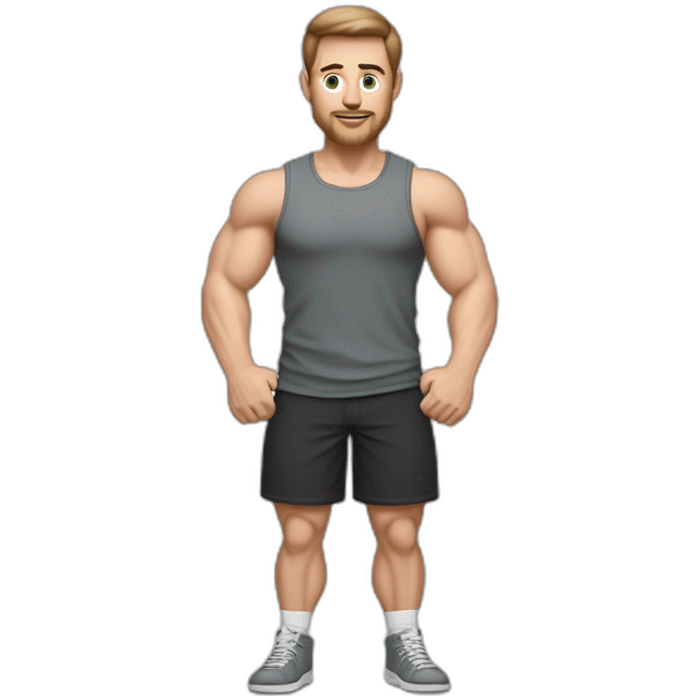 Full height realistic Actively gesturing with hands Pale skinned Fit Man With the biceps and brown hair in dark gray Sleeveless Mike, black oversize sports shorts, watch and white Sneakers emoji