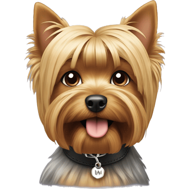 Yorkshire terrier with a collar that says N and M emoji