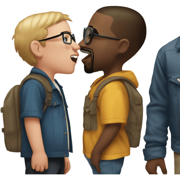 A white boy standing next to Kanye west, and Kanye west is giving his a kiss on the cheek, the boy is looking at the camera and Kanye west is looking at the boy, and another boy who is the same age with glasses is screaming emoji