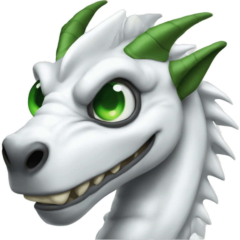 Strong white dragon with green eyes and a tight eye patch emoji