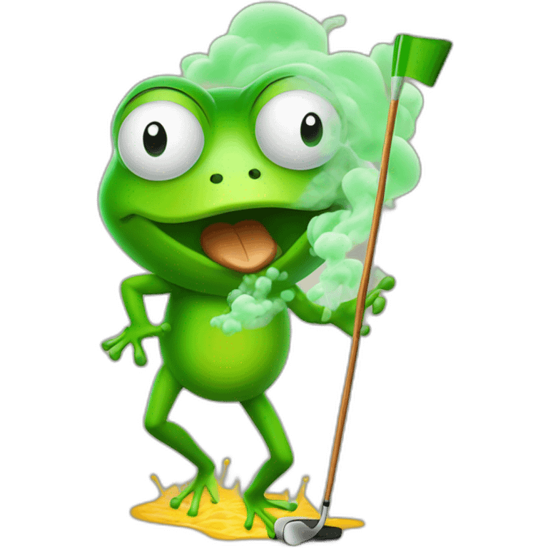 farting frog with green gases floating behind playing golf emoji