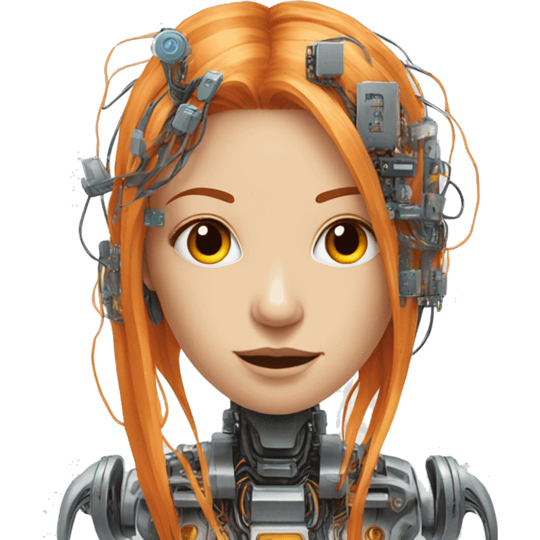 Head of female robot with long orange hair and circuits emoji