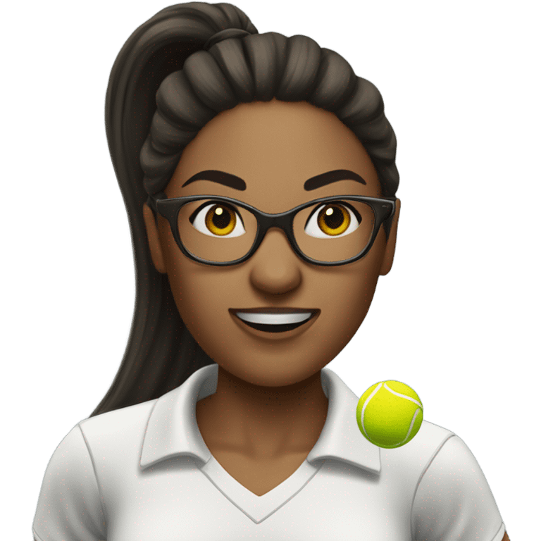 White woman long dark hair in ponytail wearing glasses hitting tennis ball  emoji