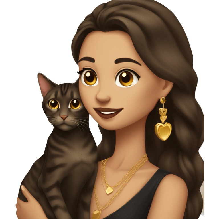 Beautiful skinny woman long dark brown hair in dark dress with gold earrings hug bengal cat emoji